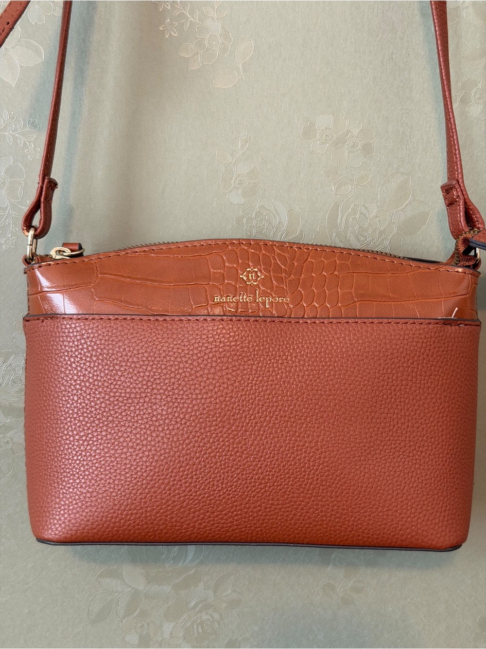 Nanette Lepore Tan Croc-Accent Pebbled Crossbody Bag